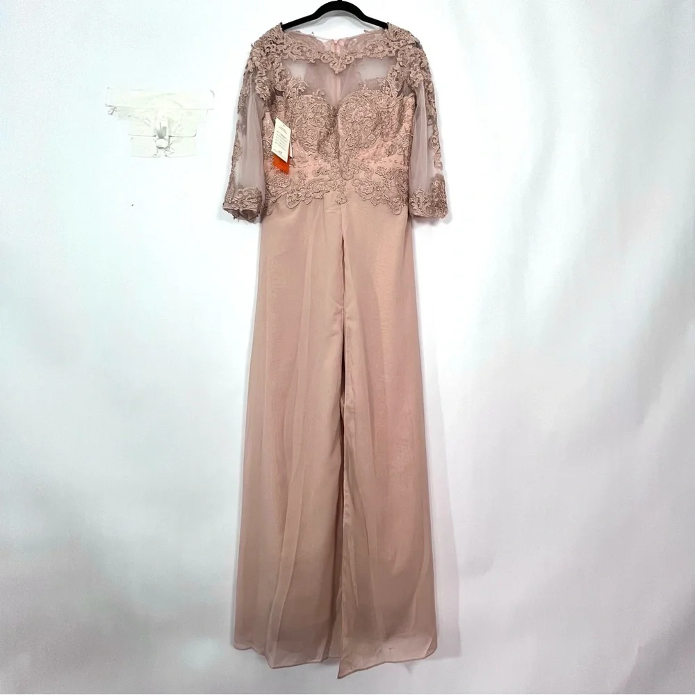 Dusty Rose Pants suit Jumper Romper with shrug Sheer Mesh Lace Top Sz 2 NWT